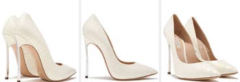 Three images of white high heel shoes