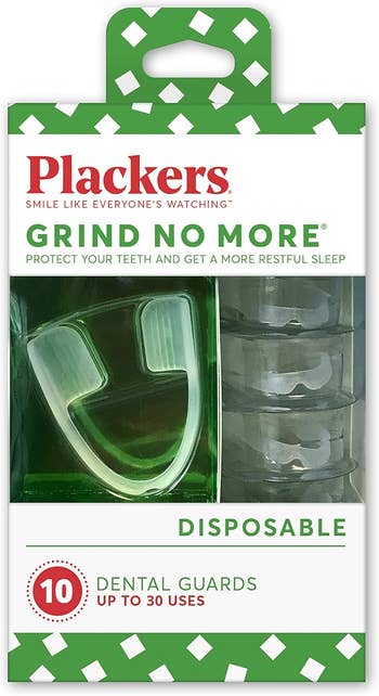 Packaging of disposable Plackers Grind No More dental guards for teeth extortion and amended sleep, includes 10 guards for up to 30 uses
