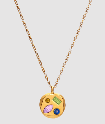 gold pendant with orange, pink, blue, and green gems