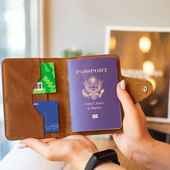 Person holding a brown passport wallet with slots for cards and a US passport