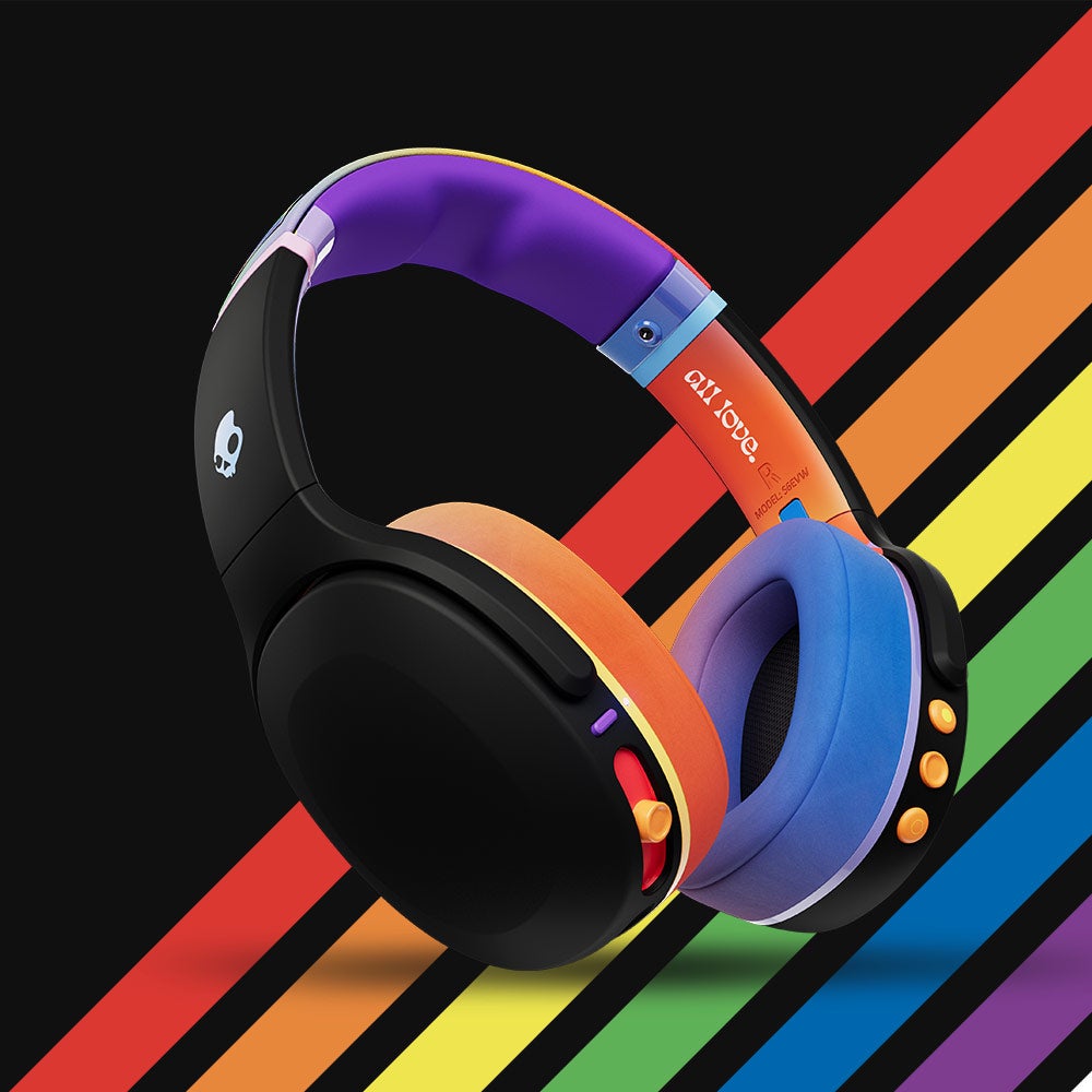 the headphones that are black with colors of the rainbow accented on them