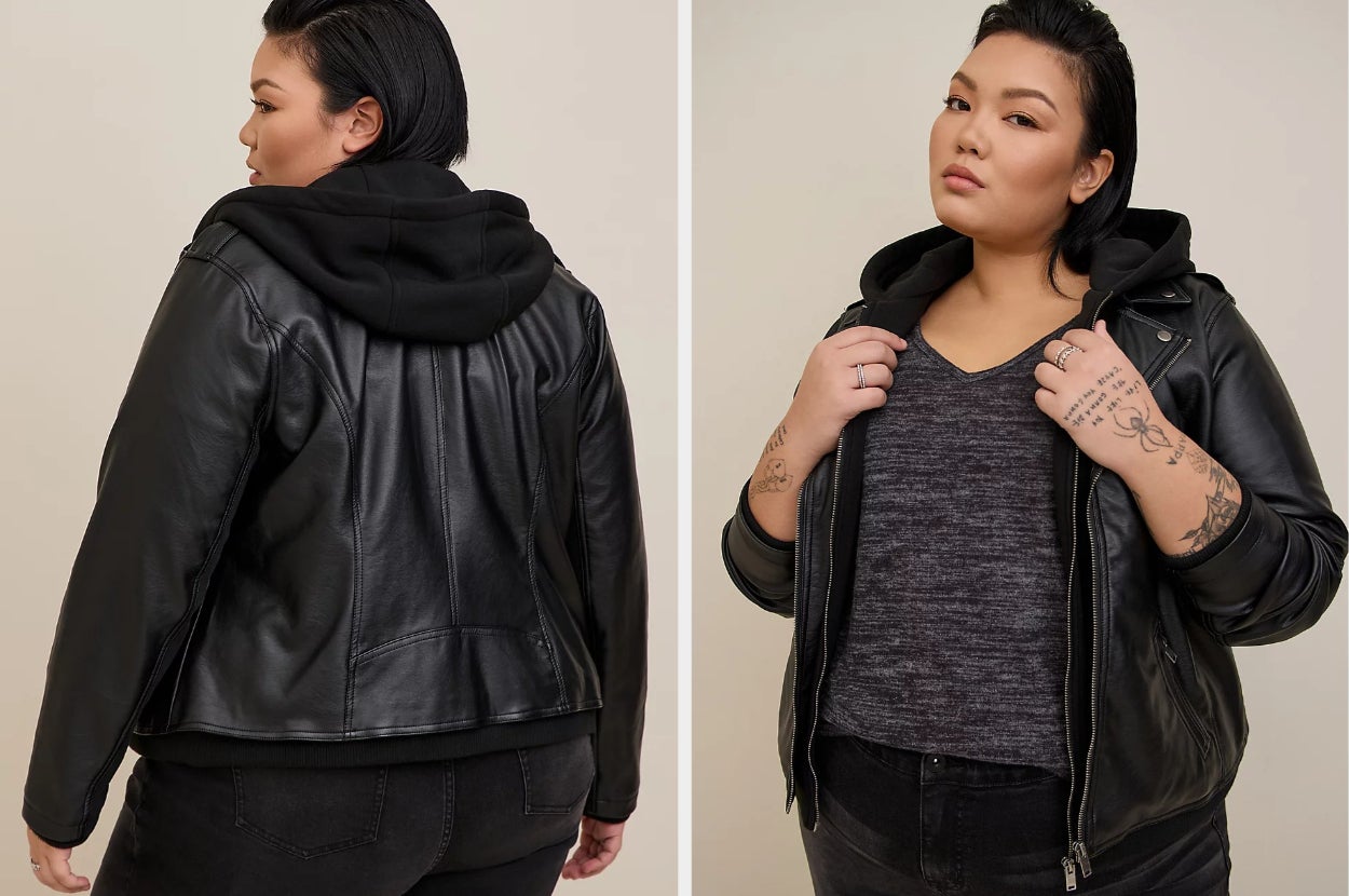 Two images of a model wearing the black jacket