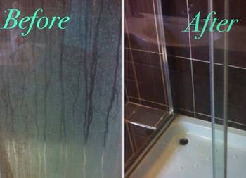 Reviewer before and after of shower with soap scumb and without