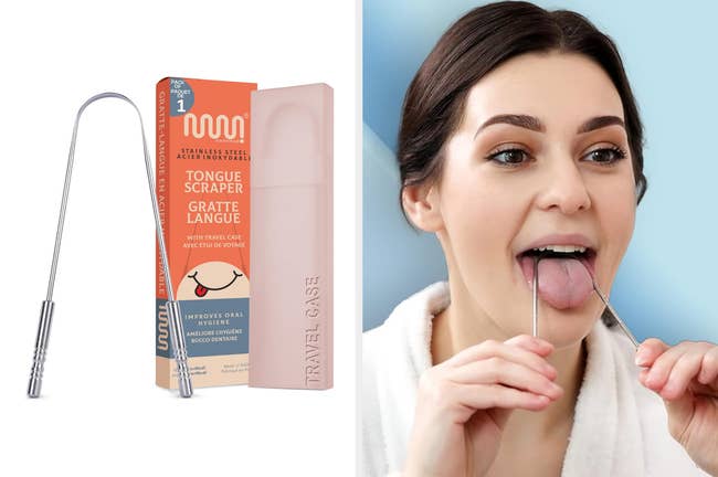 A woman uses a stainless steel tongue scraper; packaging and travel case are nearby