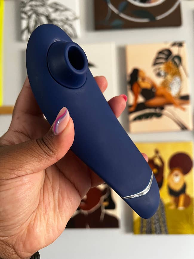 Hand holding blue and silver suction vibrator in front of artwork