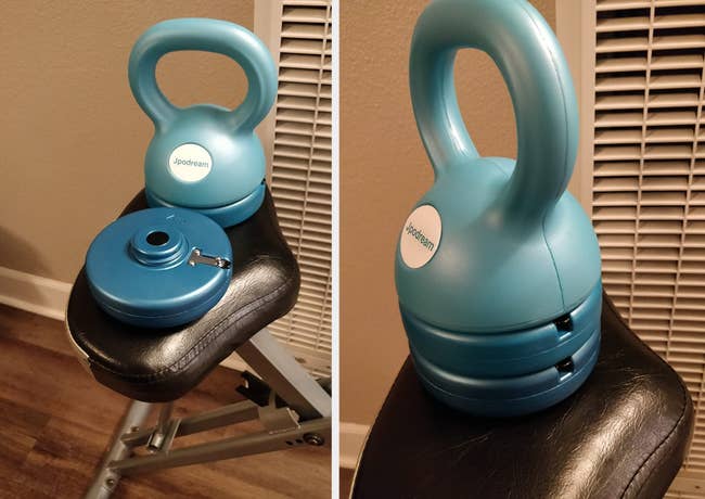 reviewer photo collage of blue adjustable kettlebell, weights detached and attached