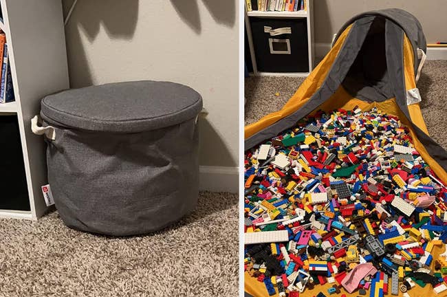 Collapsible storage ottoman next to an open Lego storage playmat full of Lego pieces