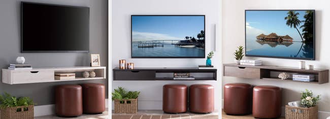 Three images of white, brown, and black TV stand