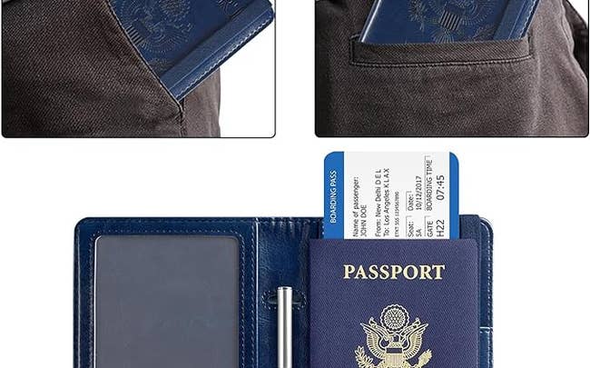 model holding navy blue passport holder