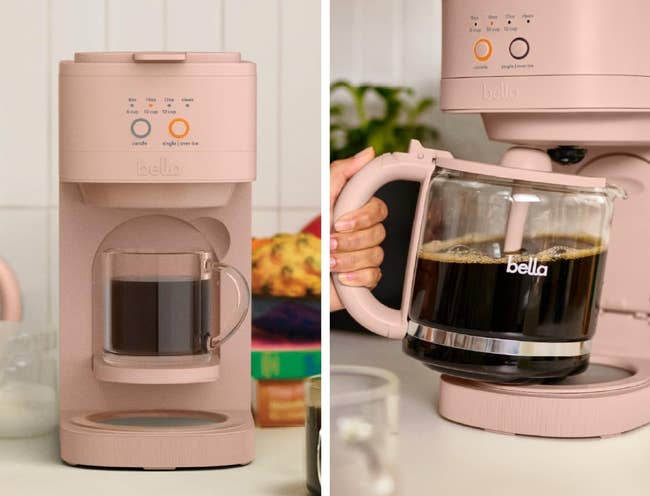 Two views of a coffee maker: one with a mug beneath the drip, the other showing a hand holding the full pot