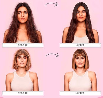 before and after photos of two models showing their hair looking less frizzy after using the leave-in conditioner