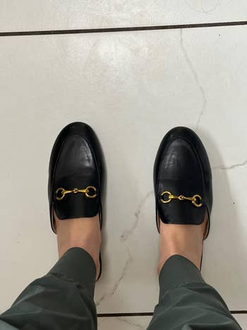 reviewer wearing the mules successful  black