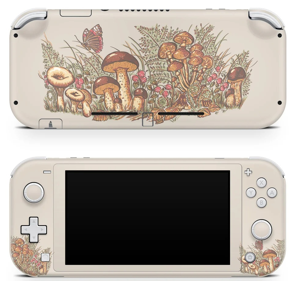 the mushroom nintendo switch skin on a switch lite
