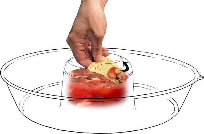 Hand dipping a chip into a bowl of salsa