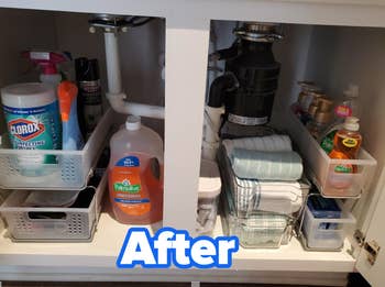 The same cabinet after using the shelves showing a more organized area
