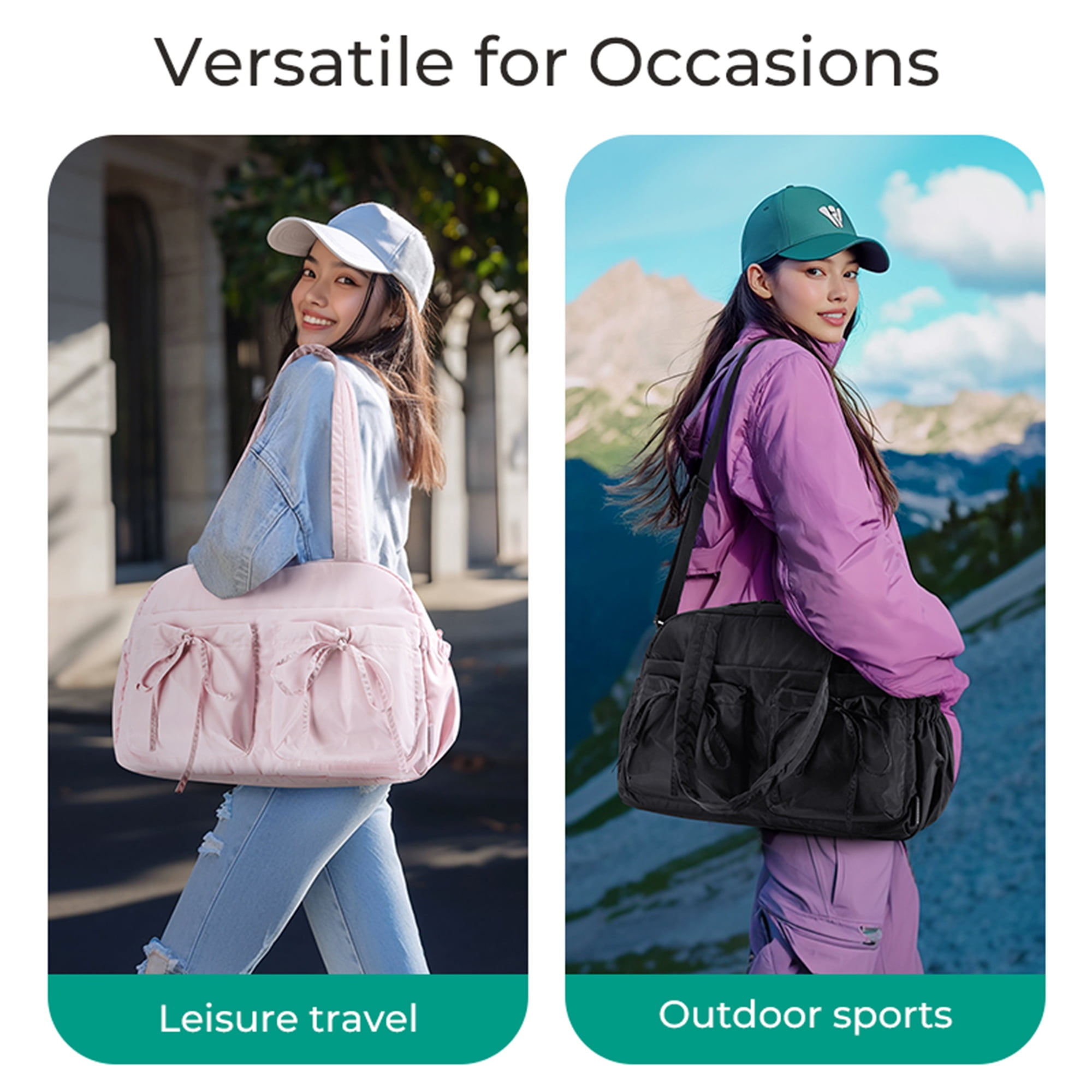  connected  the left, dressed casually for leisure travel; connected  the right, successful  a sporty outfit for outdoor sports