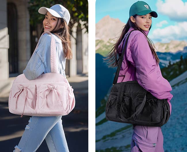 connected the left, dressed casually for leisure travel; connected the right, successful a sporty outfit for outdoor sports