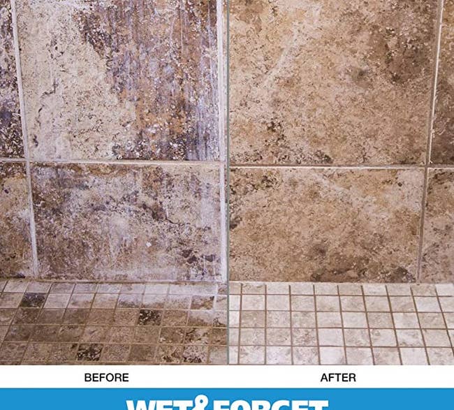 on the left, a shower interior with soap scum on the walls labeled 