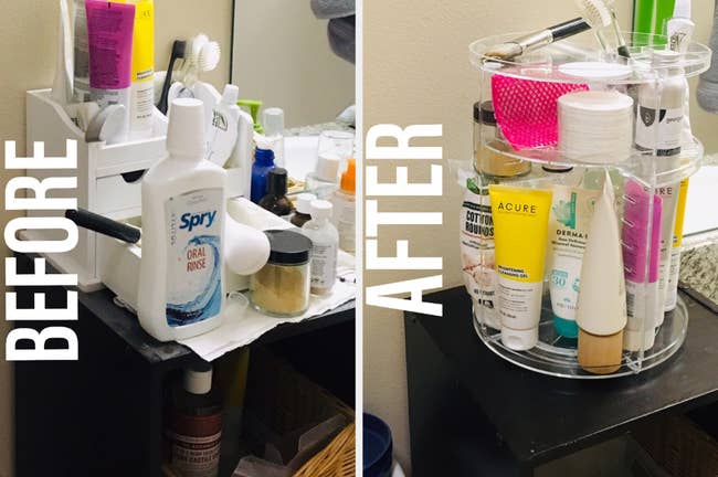 before: a reviewer's messy shelf full of products / after: neat shelf with products stored onclear spinning organizer