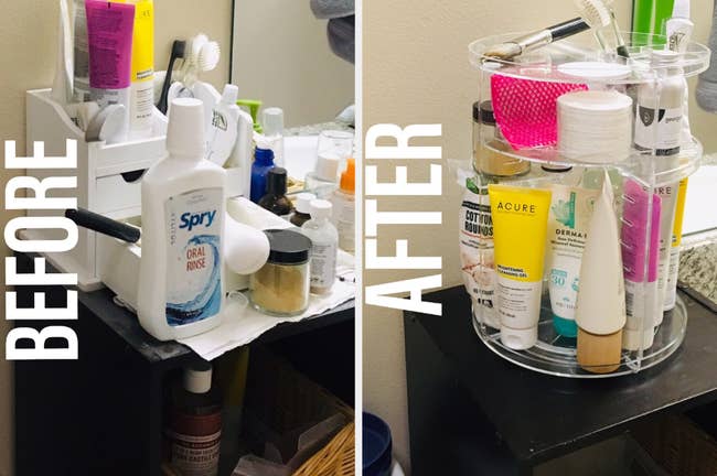 before: a reviewer&rsquo;s messy shelf full of products / after: neat shelf with products stored onclear spinning organizer