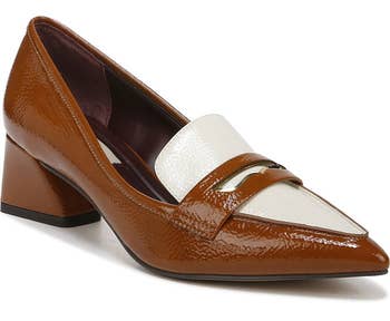 brown and white pointed toe loafers