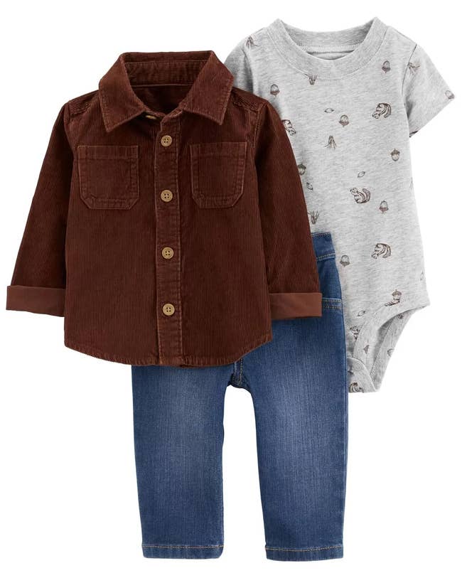 a baby outfit included a brown shacket, blue denim jeans, and a onesie with chimpmunks and acorns on it