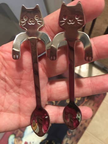reviewer holding two cat spoons