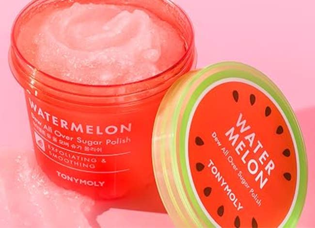 A jar of pink watermelon sugar scrub