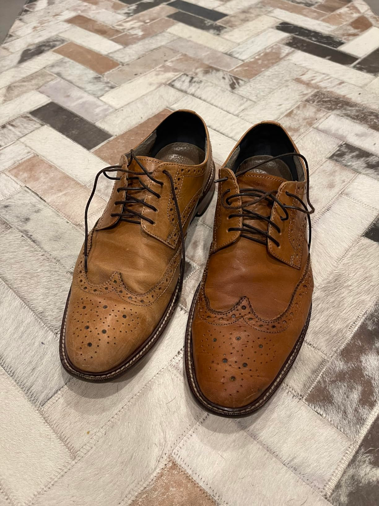 Brown leather wingtip shoes with decorative perforations connected  a textured surface