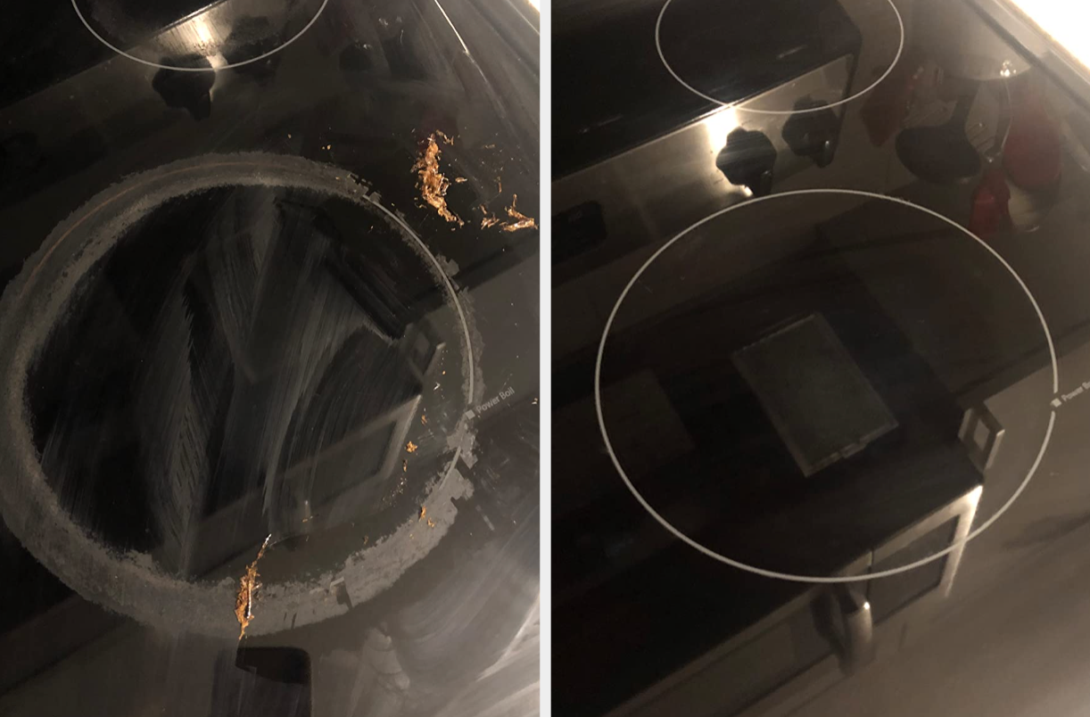 Reviewer's electric stove with ring and additional stains / same stove looking brand new