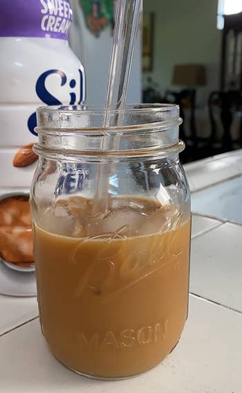 reviewer's ice coffee in a mason jar