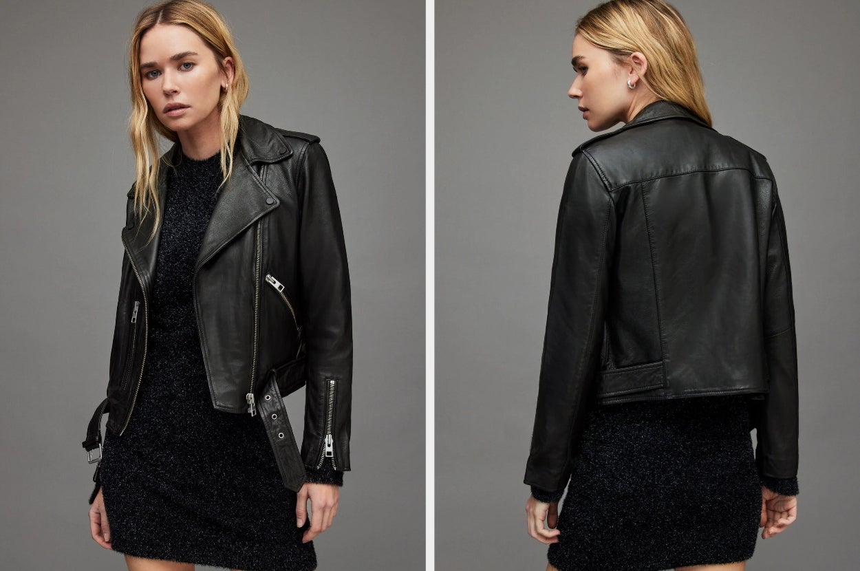 Two images of a model wearing the black jacket