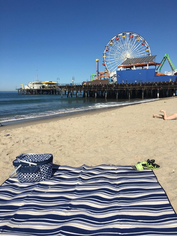reviewer image of the blue printed picnic basket on the beach