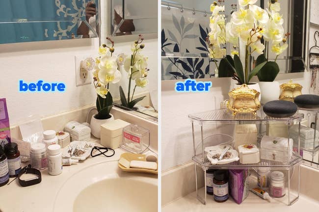 Two side-by-side photos showing a cluttered bathroom counter before and an organized one after using clear storage