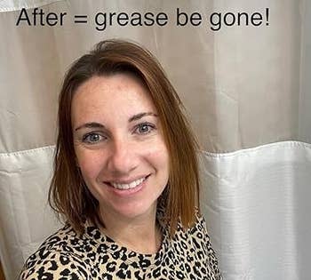 Person with shoulder-length hairsbreadth wearing a leopard people top, smiling successful beforehand of a ablution curtain with the substance