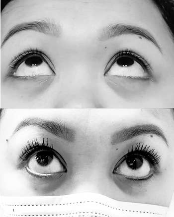 Reviewer photo of eyes before and after using mascara