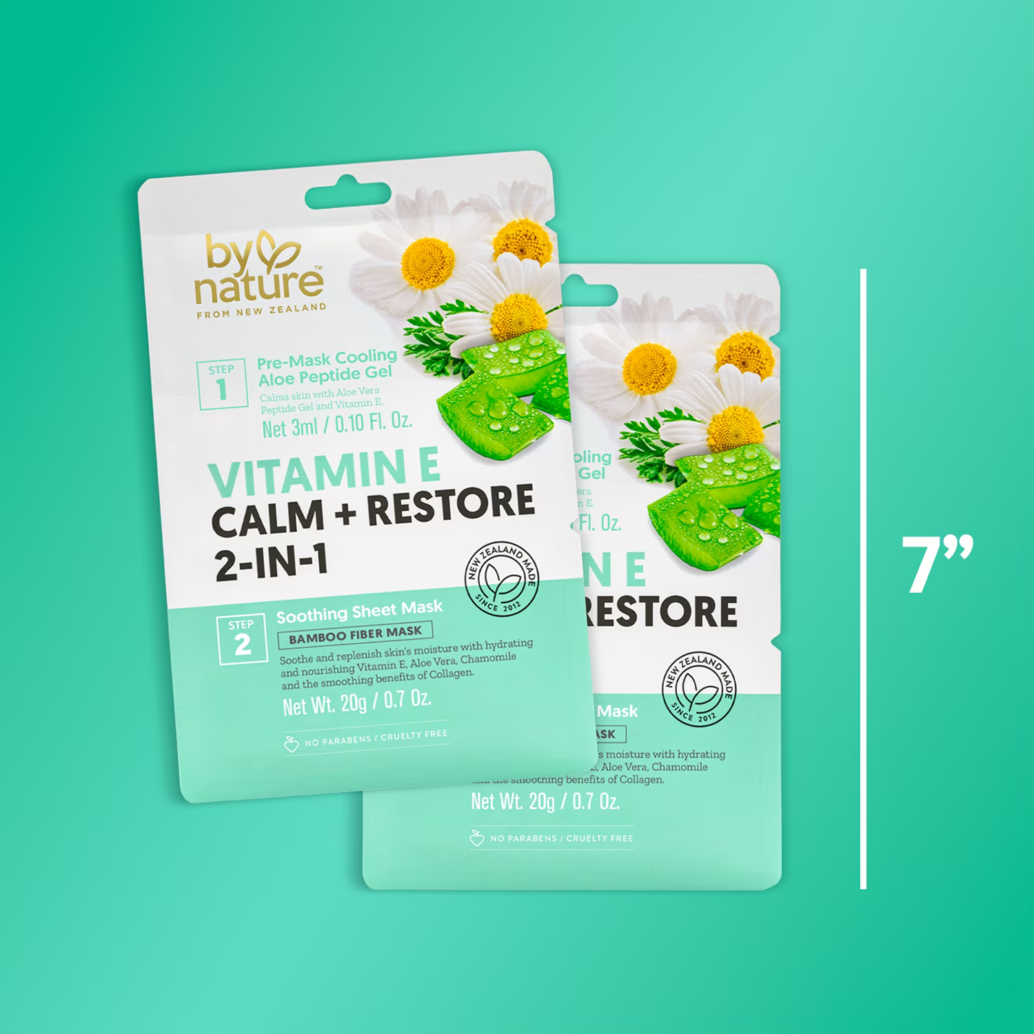 Two packages of By Nature Vitamin E Calm & Restore 2-in-1 look   masks, featuring soothing gel and fibre  mask, each   7 inches tall