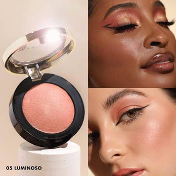 the blush compact and the blush on a model with darker skin and a model with lighter skin