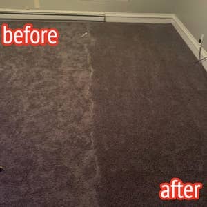 reviewer photo of half their carpet covered in fur and the other half clean after using the broom