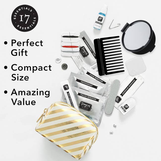 A variety of travel-sized personal care items displayed around a striped cosmetic bag, suggested as a gift