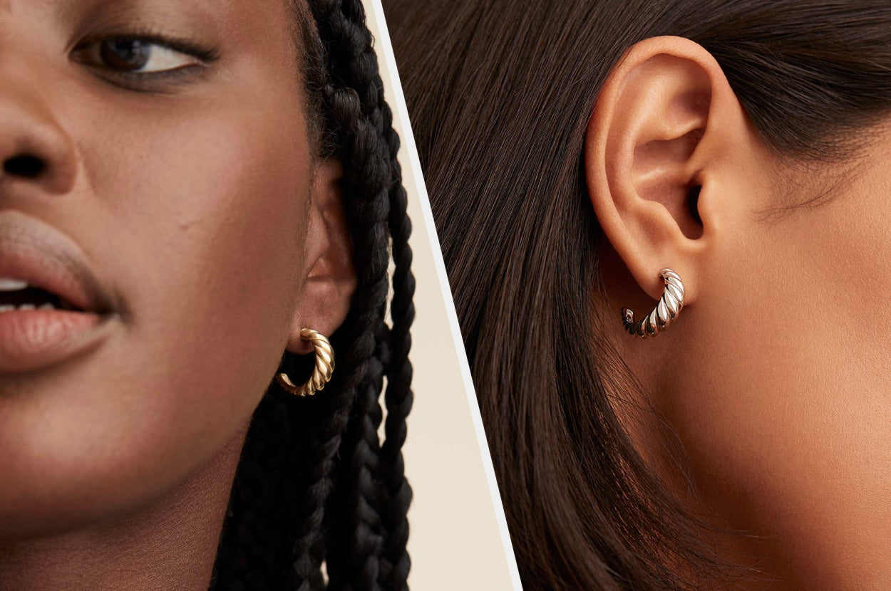 Two images of models wearing gold and silver earrings