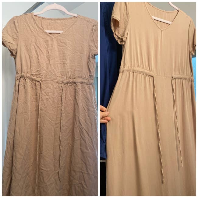a reviewer's before/after of a wrinkled  dress
