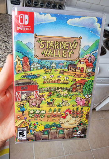 a hand holding a copy of stardew valley for switch