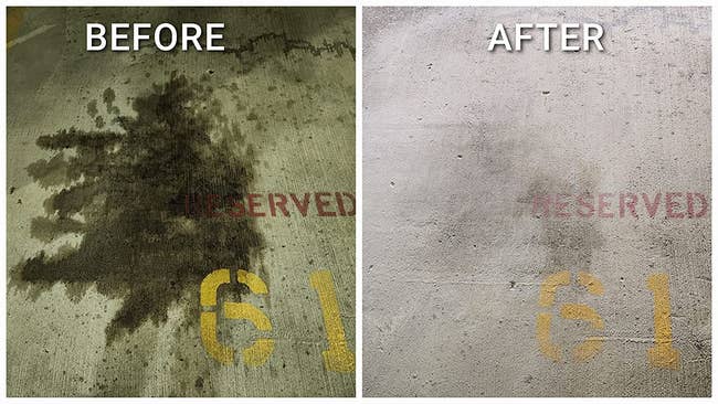 a side by side photo of a parking space covered in oil and then the oil removed with a cleaning product