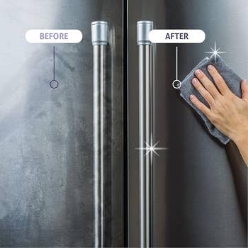 a before and after diagram of a grimy stainless steel refrigerator and sparkling clean one