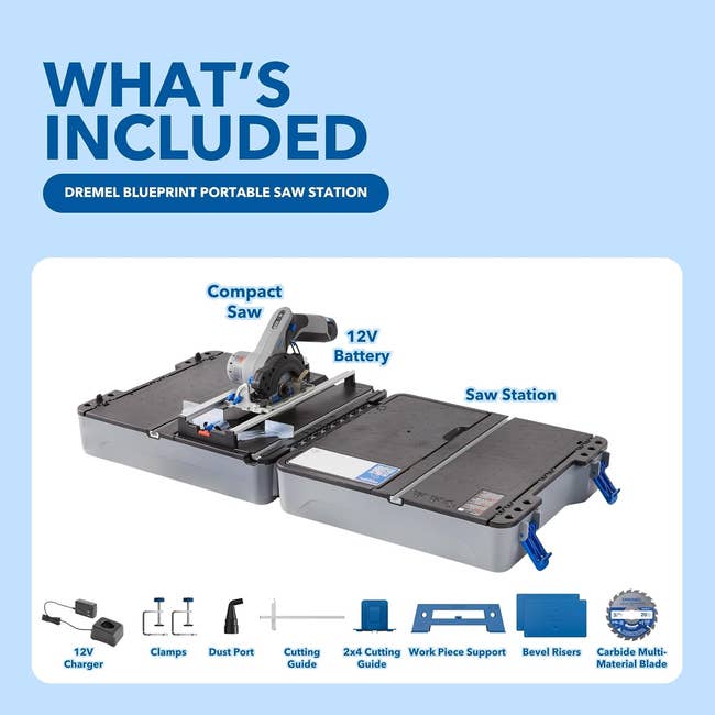 Image showing Dremel Blueprint Portable Saw Station with a compact saw, 12V battery, saw station, and accessories similar  clamps and a cutting guide