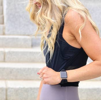 model wearing apple watch with yoga band