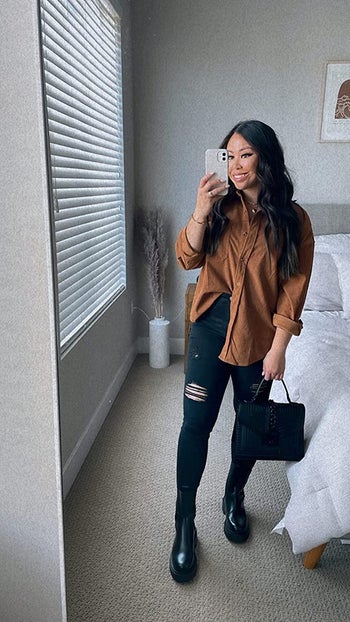 another reviewer wearing the rust version as a top with jeans