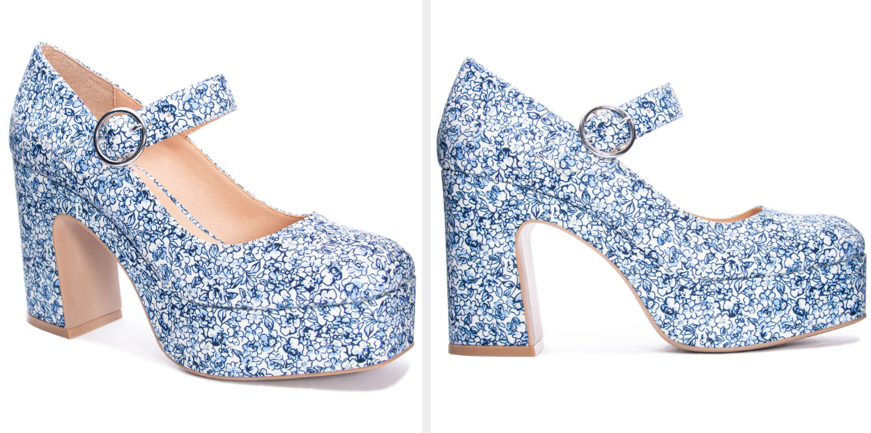 Two images of blue and white floral platform Mary Janes