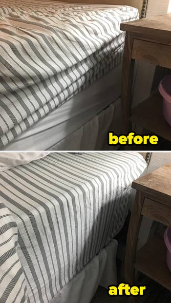 before and after of a reviewer's bed sheets - the top image shows them riding up, and the bottom image shows the sheets still fastened snugly and securely thanks to the bed bands